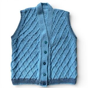 Hand Knit Baby Blue Button-Up V-Neck Sweater Vest with Raised Diamond Pattern